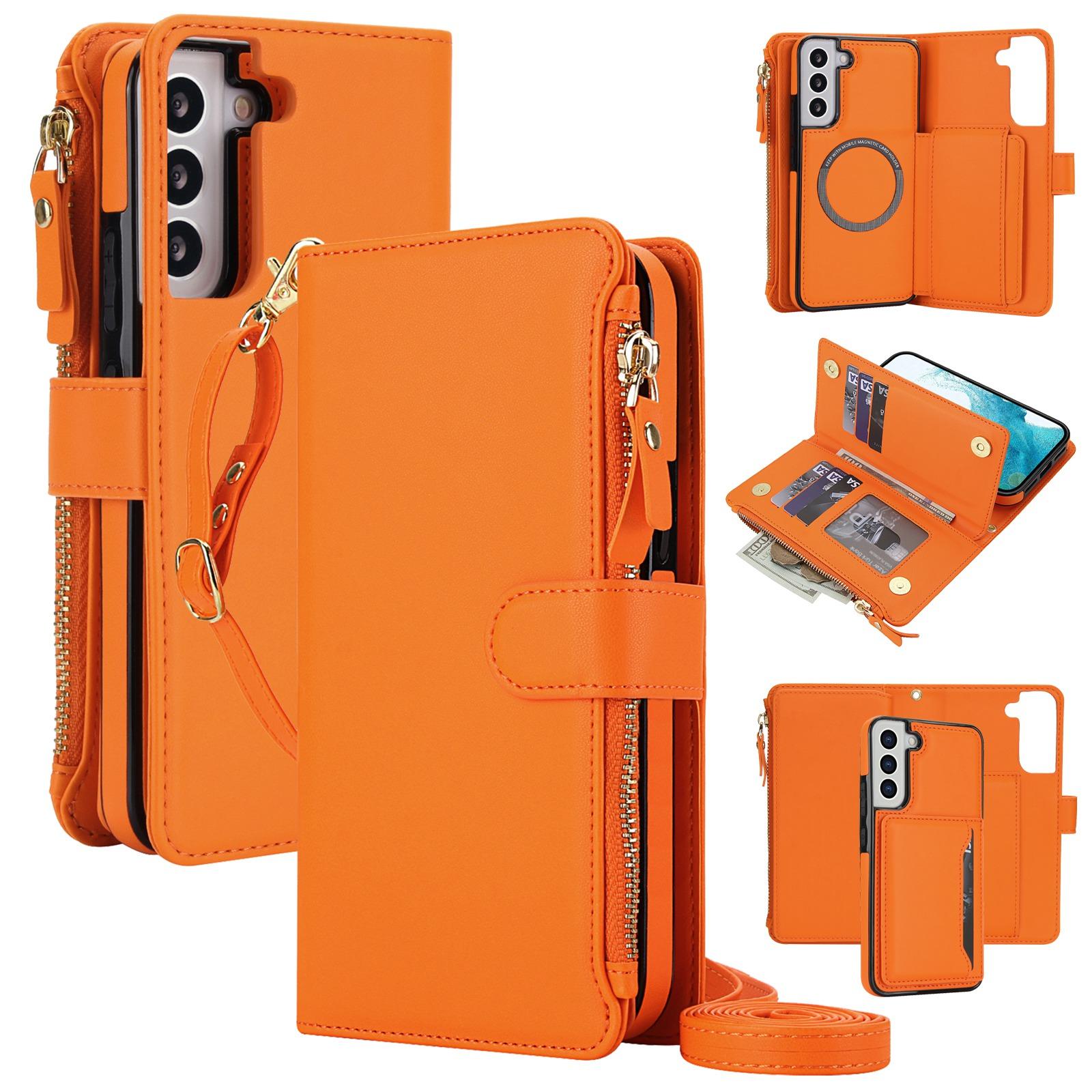 For Galaxy S22 5G KLT-033 Detachable 2 in 1 Zipper Wallet Magnetic Phone Case with Lanyard(Orange) - Shopkiz.com