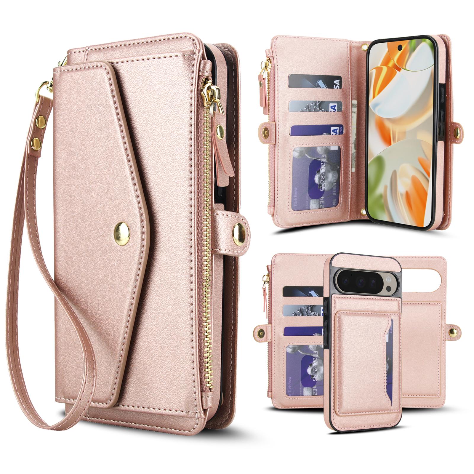 For Google Pixel 9 / 9 Pro Multifunctional Wallet Detachable Leather Phone Case with Lanyard(Rose Gold) - Shopkiz.com