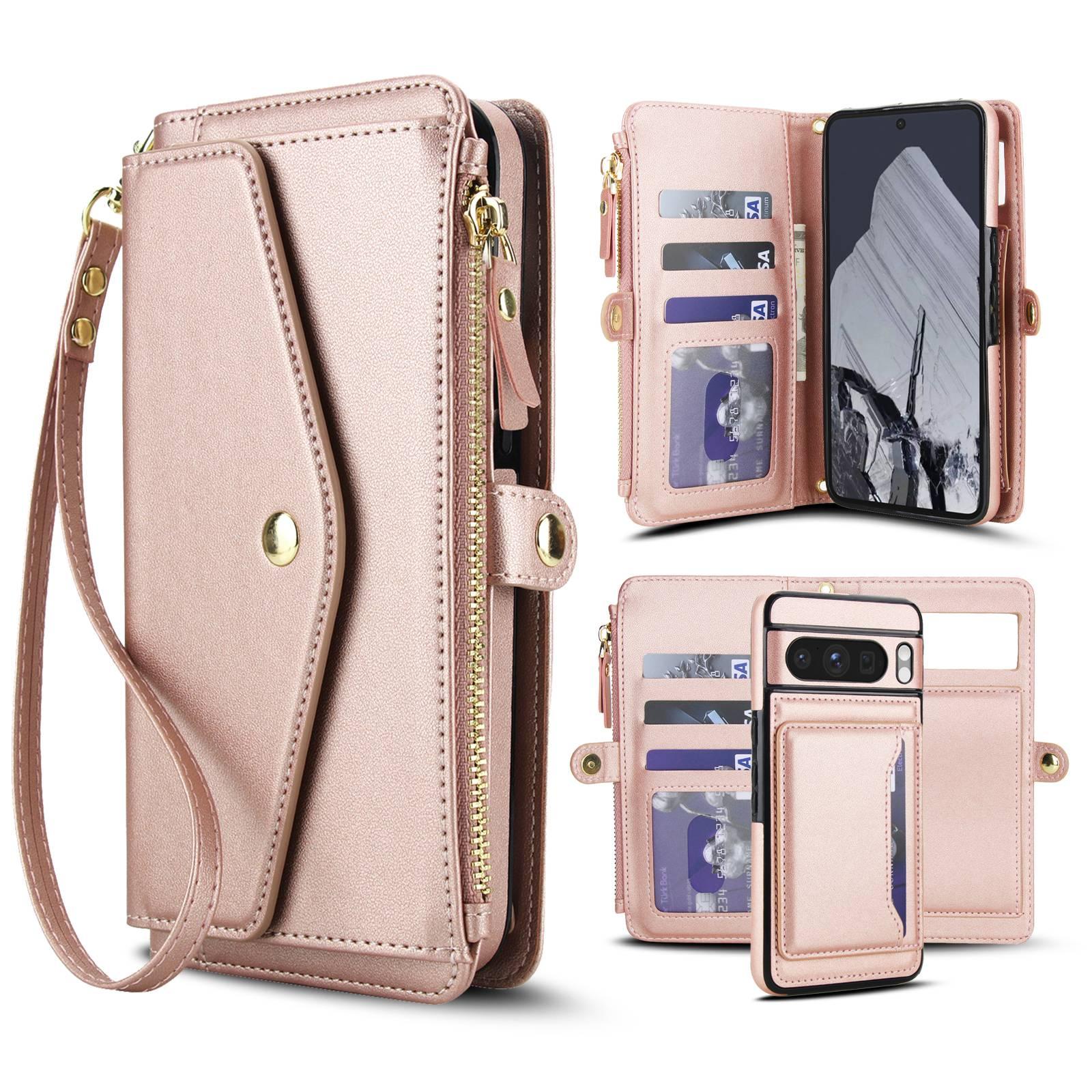 For Google Pixel 8 Pro Multifunctional Wallet Detachable Leather Phone Case with Lanyard(Rose Gold) - Shopkiz.com