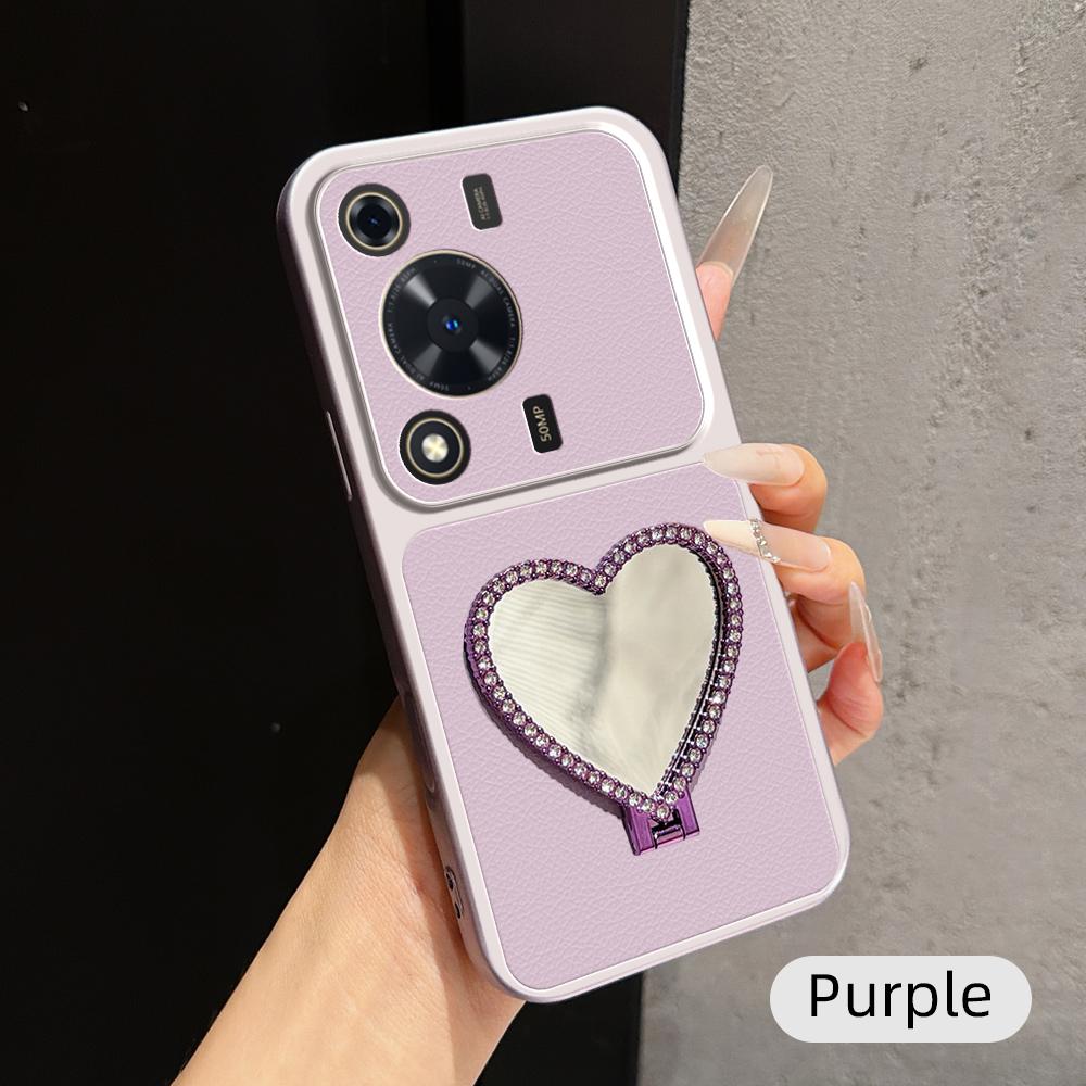 For Huawei Enjoy 70 Lambskin Series Skin Feel Shockproof Phone Case with Heart Mirror Holder(Purple) - Shopkiz.com