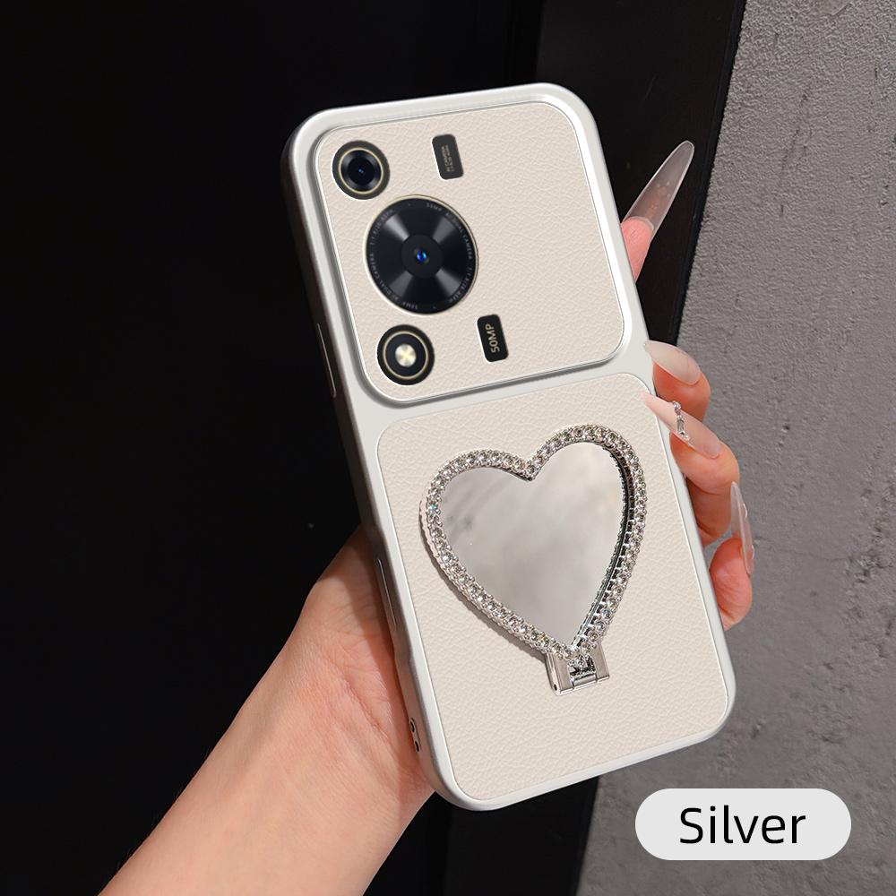 For Huawei Enjoy 70 Lambskin Series Skin Feel Shockproof Phone Case with Heart Mirror Holder(Silver) - Shopkiz.com