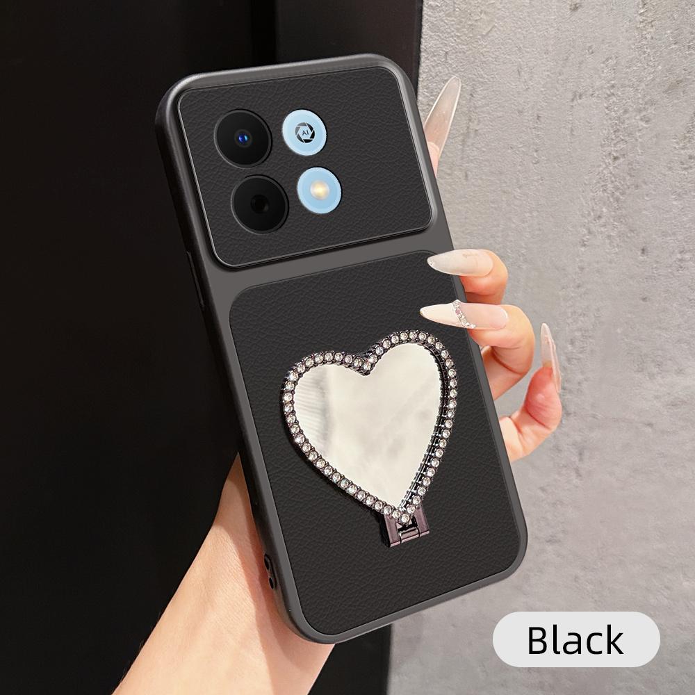 For Huawei Enjoy 90 5G Lambskin Series Skin Feel Shockproof Phone Case with Heart Mirror Holder(Black) - Shopkiz.com