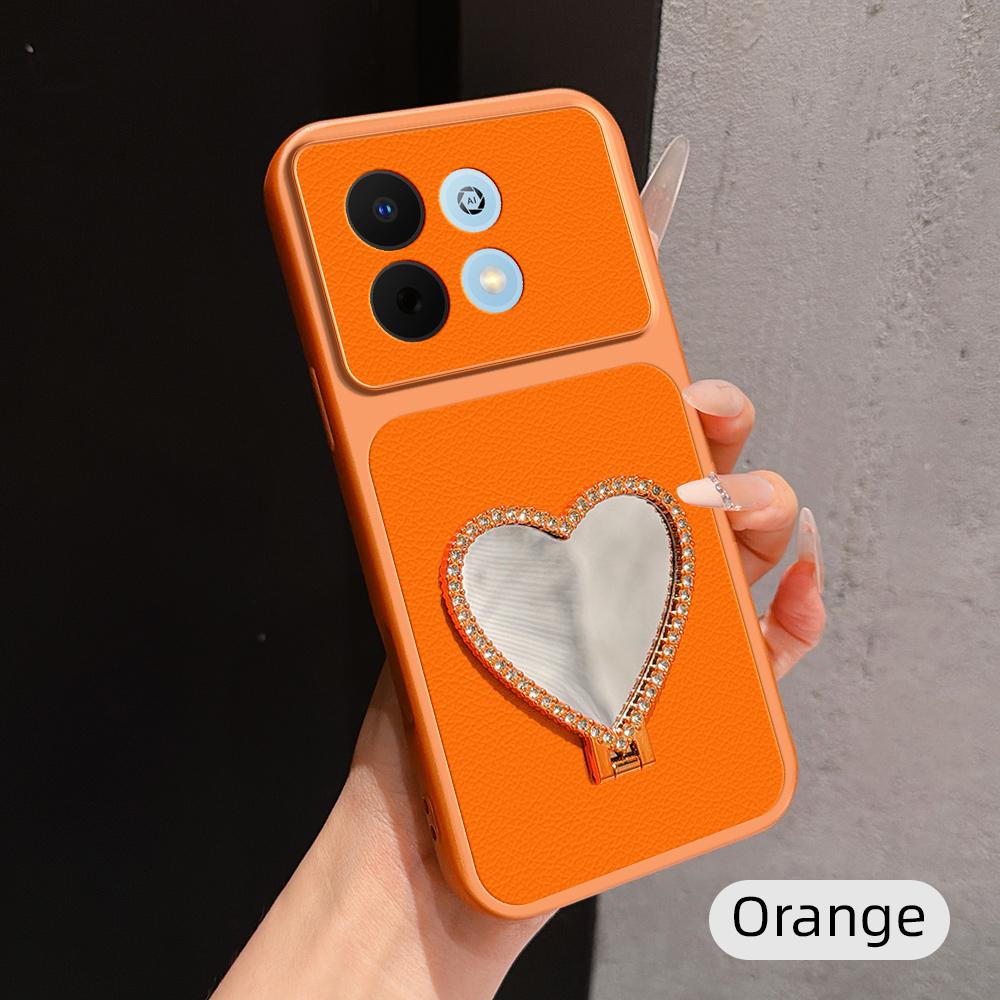 For Huawei Enjoy 90 5G Lambskin Series Skin Feel Shockproof Phone Case with Heart Mirror Holder(Orange) - Shopkiz.com