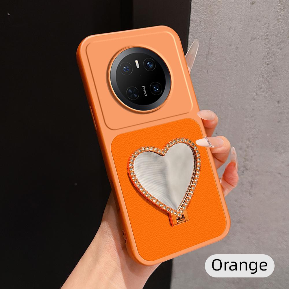 For Huawei Mate 70 Lambskin Series Skin Feel Shockproof Phone Case with Heart Mirror Holder(Orange) - Shopkiz.com