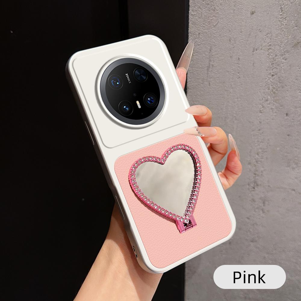 For Huawei Mate 70 Pro Lambskin Series Skin Feel Shockproof Phone Case with Heart Mirror Holder(Pink) - Shopkiz.com