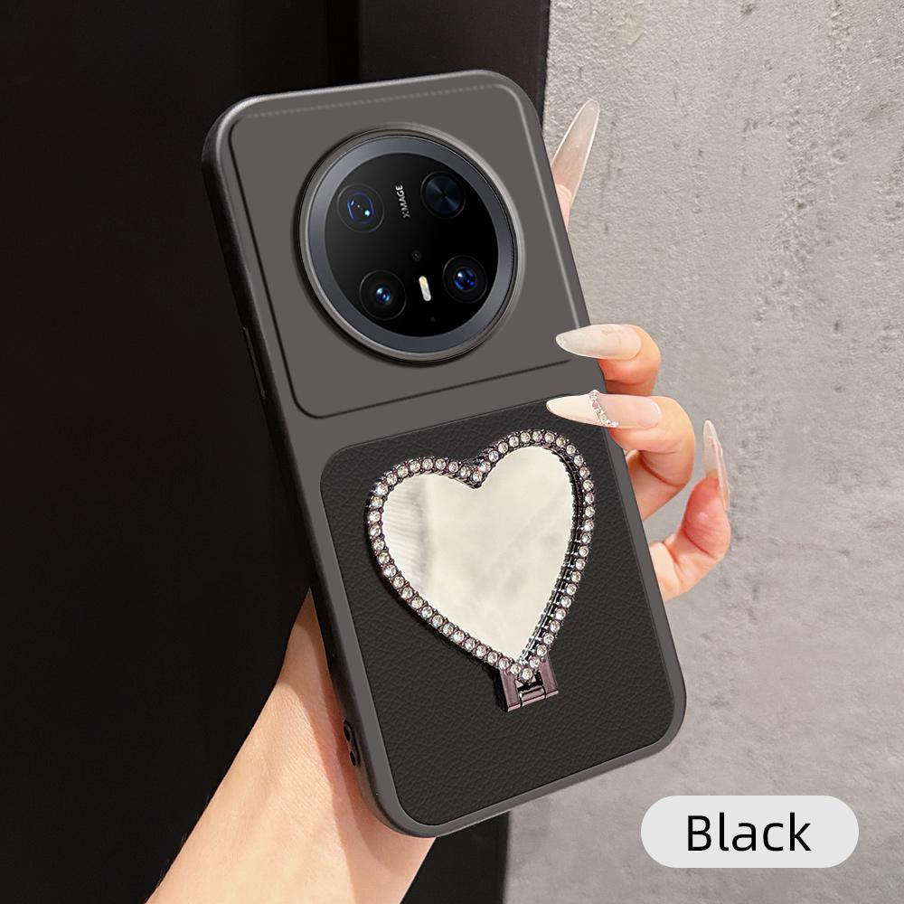 For Huawei Mate 70 Pro Lambskin Series Skin Feel Shockproof Phone Case with Heart Mirror Holder(Black) - Shopkiz.com