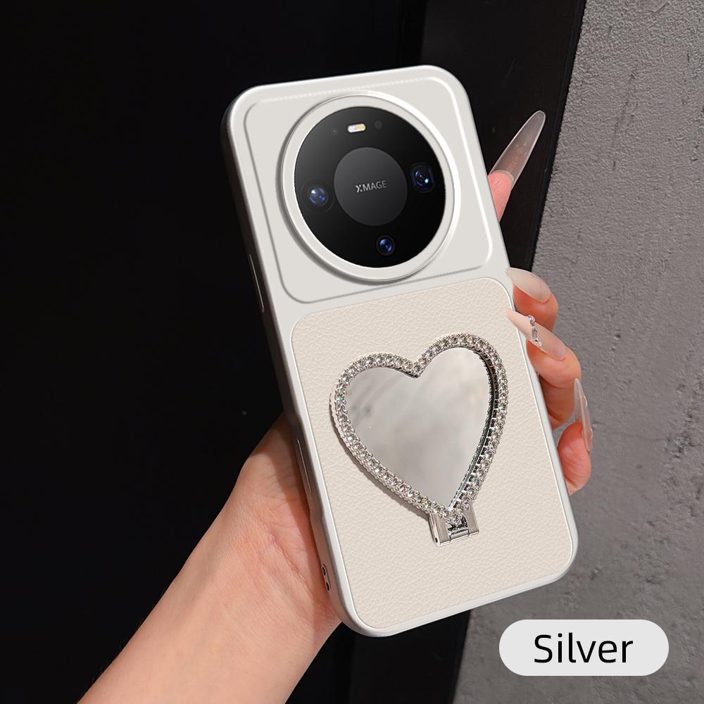 For Huawei Mate 80 Pro Lambskin Series Skin Feel Shockproof Phone Case with Heart Mirror Holder(Silver) - Shopkiz.com