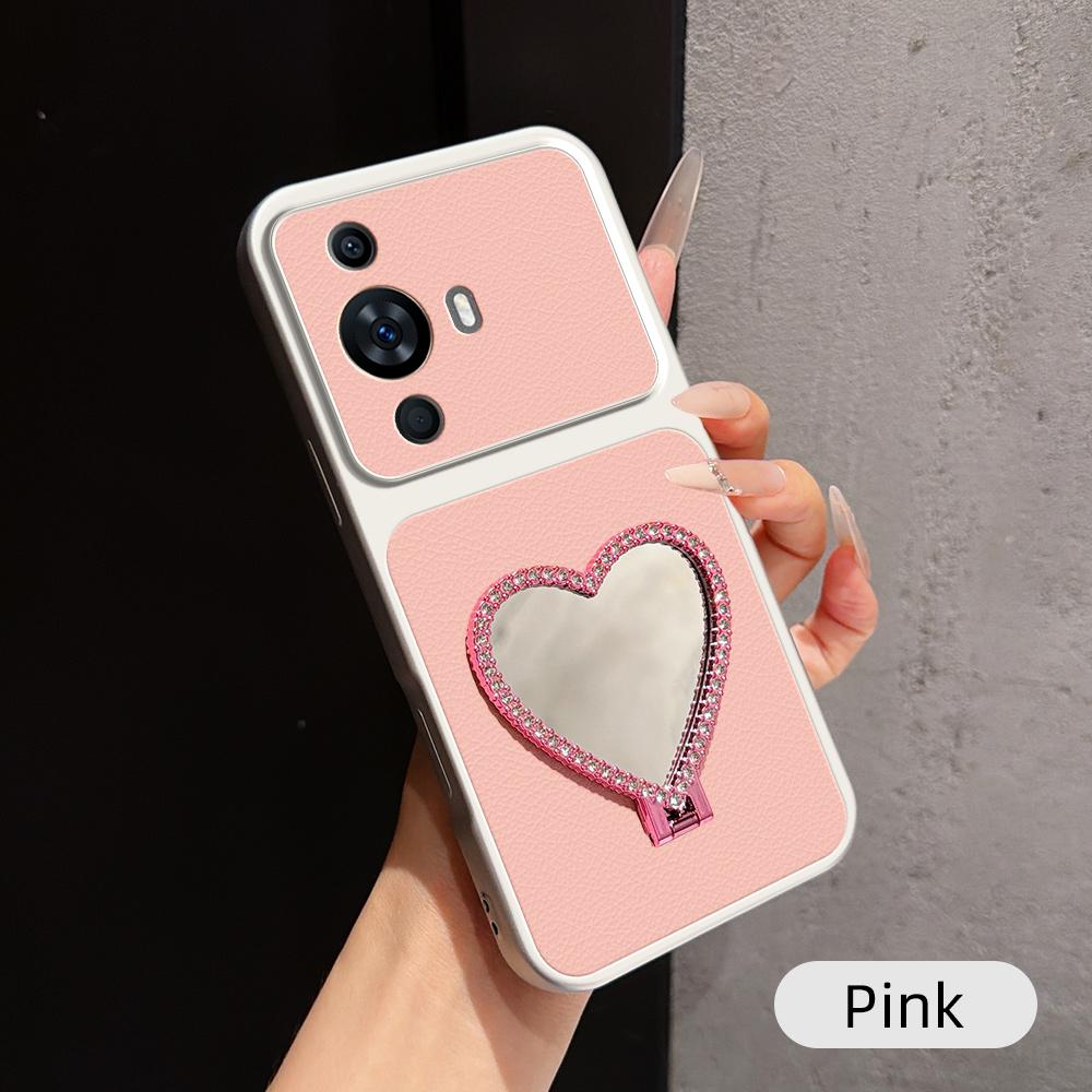 For Huawei nova 11 Lambskin Series Skin Feel Shockproof Phone Case with Heart Mirror Holder(Pink) - Shopkiz.com