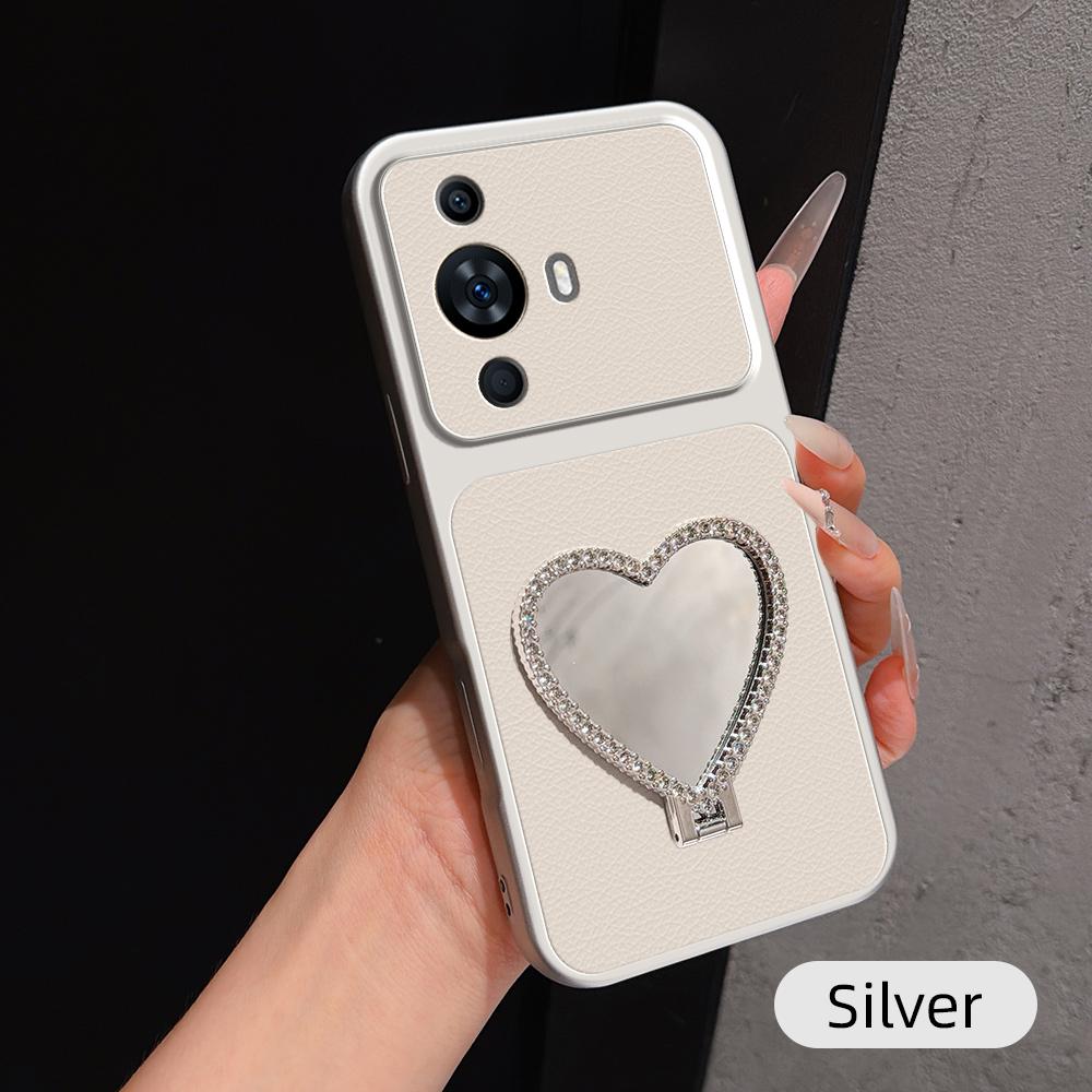 For Huawei nova 11 Lambskin Series Skin Feel Shockproof Phone Case with Heart Mirror Holder(Silver) - Shopkiz.com