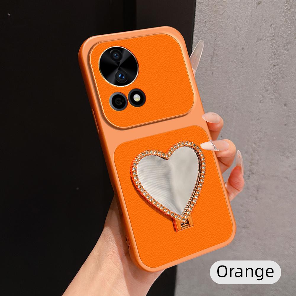 For Huawei nova 12 Pro Lambskin Series Skin Feel Shockproof Phone Case with Heart Mirror Holder(Orange) - Shopkiz.com