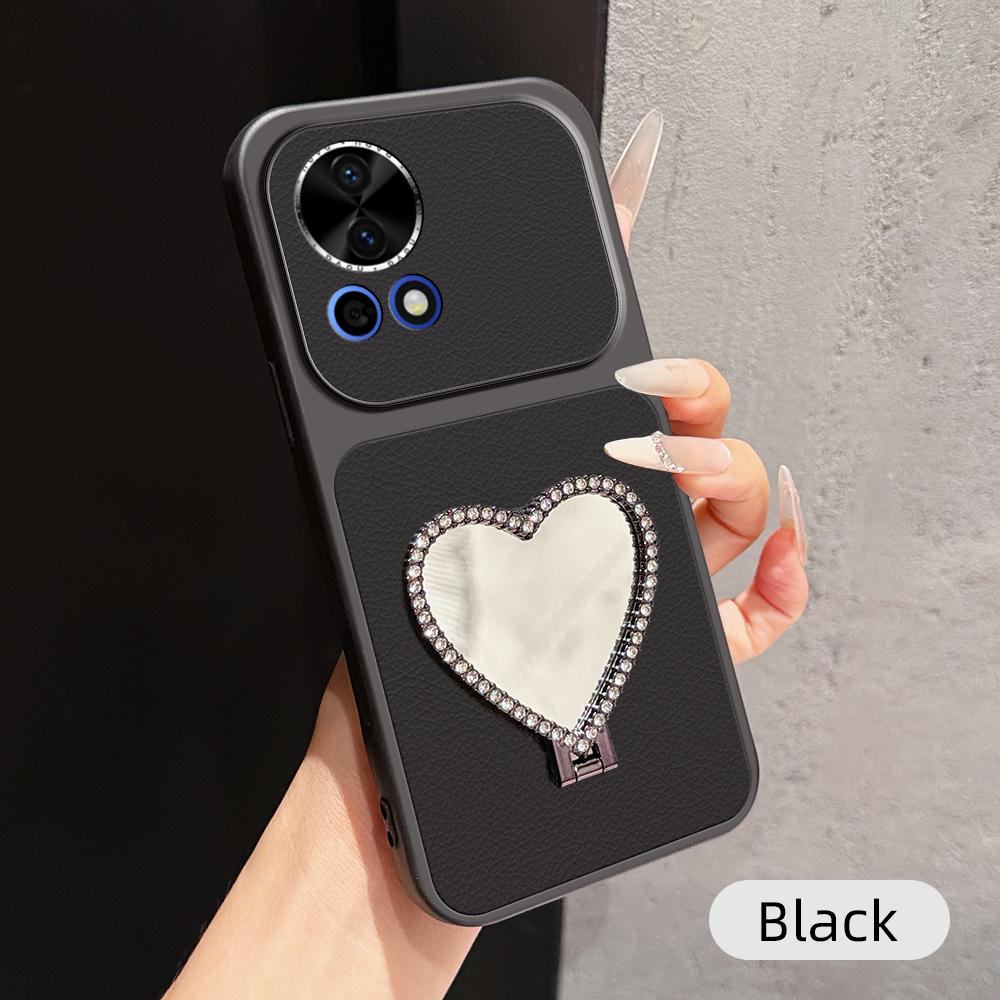 For Huawei nova 12 Lambskin Series Skin Feel Shockproof Phone Case with Heart Mirror Holder(Black) - Shopkiz.com