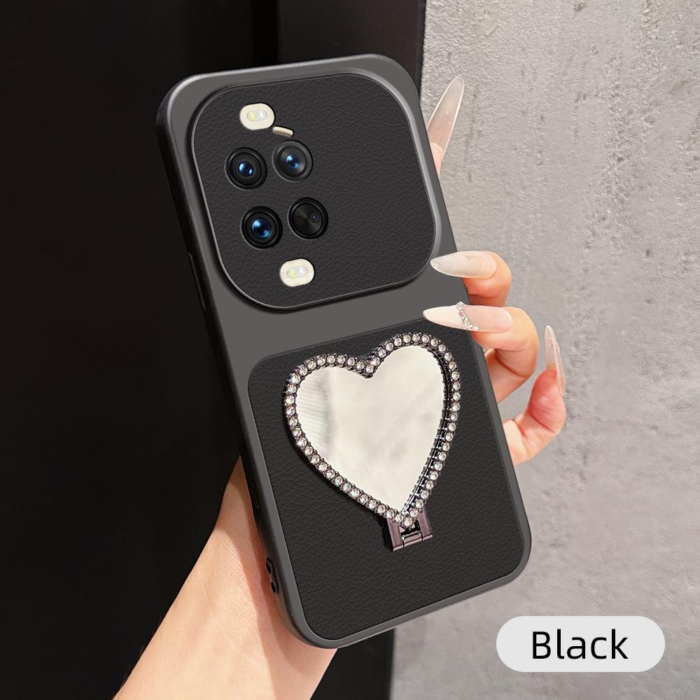 For Huawei nova 14 Ultra Lambskin Series Skin Feel Shockproof Phone Case with Heart Mirror Holder(Black) - Shopkiz.com