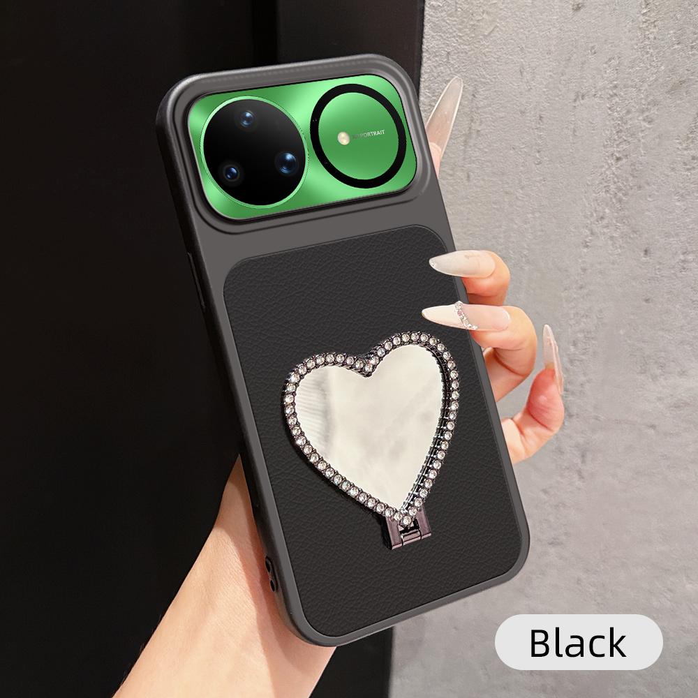 For Huawei nova 15 Ultra Lambskin Series Skin Feel Shockproof Phone Case with Heart Mirror Holder(Black) - Shopkiz.com