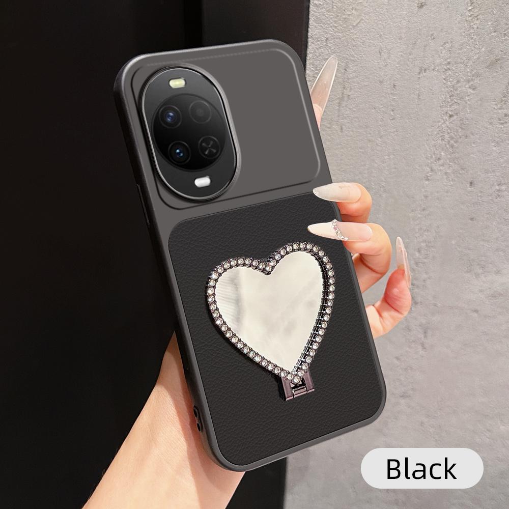 For Huawei nova 15 Lambskin Series Skin Feel Shockproof Phone Case with Heart Mirror Holder(Black) - Shopkiz.com