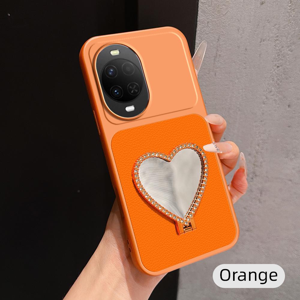 For Huawei nova 15 Lambskin Series Skin Feel Shockproof Phone Case with Heart Mirror Holder(Orange) - Shopkiz.com