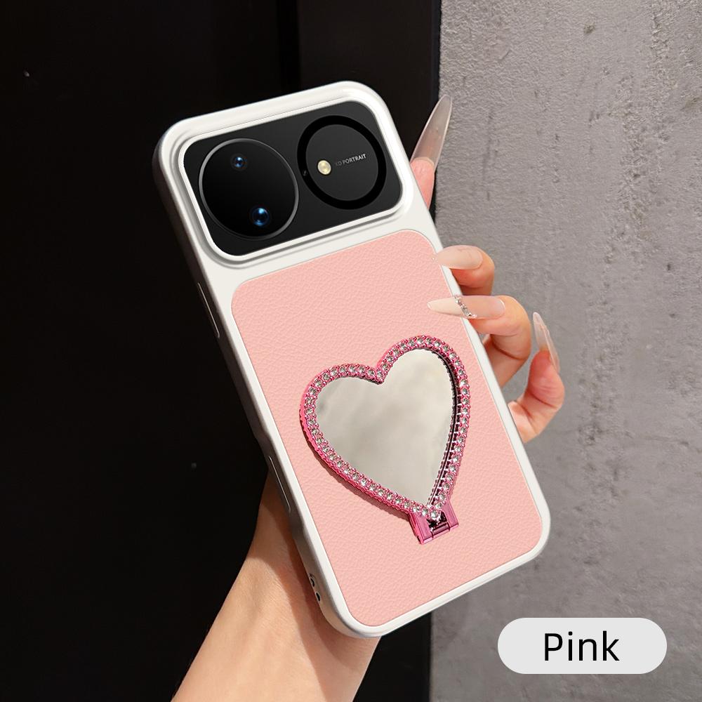 For Huawei nova 16 Lambskin Series Skin Feel Shockproof Phone Case with Heart Mirror Holder(Pink) - Shopkiz.com