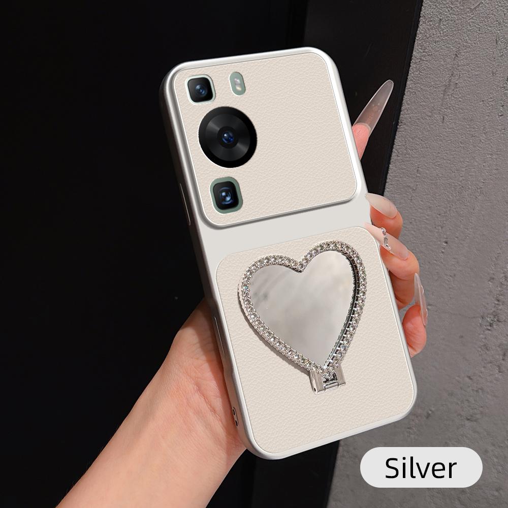 For Huawei P60 Lambskin Series Skin Feel Shockproof Phone Case with Heart Mirror Holder(Silver) - Shopkiz.com