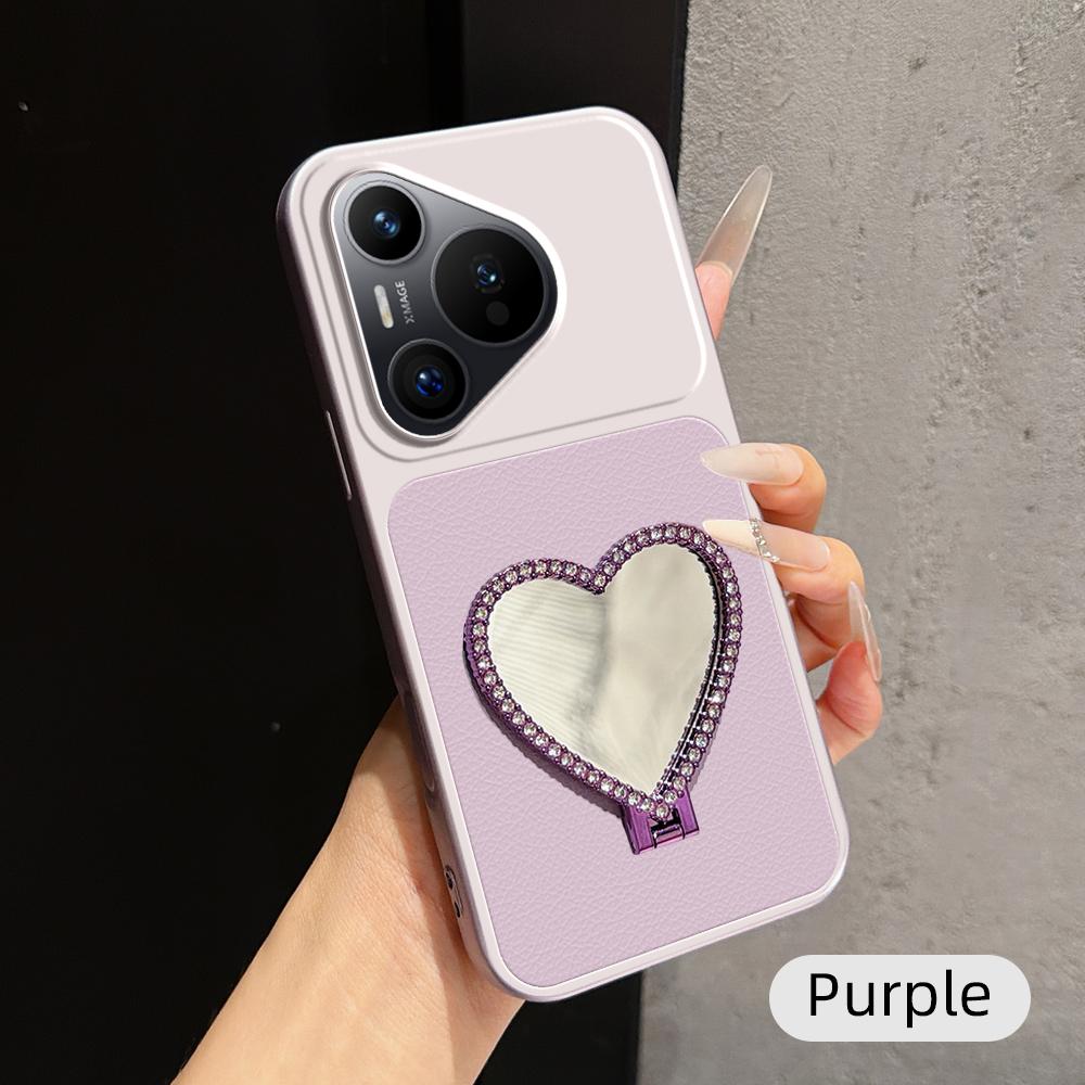 For Huawei Pura 70 Lambskin Series Skin Feel Shockproof Phone Case with Heart Mirror Holder(Purple) - Shopkiz.com