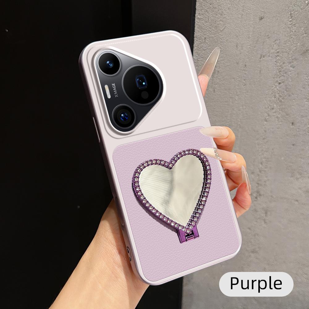 For Huawei Pura 70 Pro Lambskin Series Skin Feel Shockproof Phone Case with Heart Mirror Holder(Purple) - Shopkiz.com