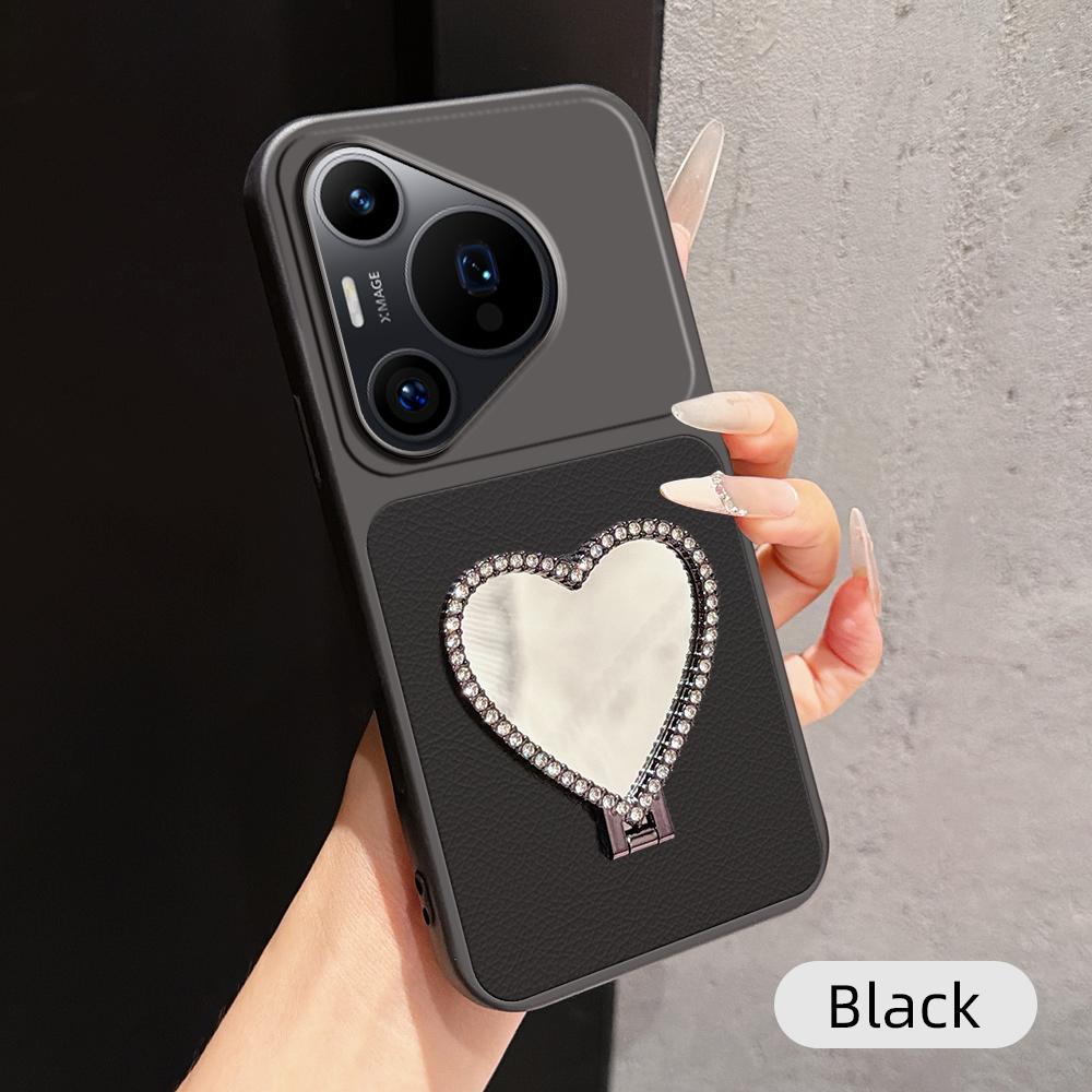 For Huawei Pura 70 Pro Lambskin Series Skin Feel Shockproof Phone Case with Heart Mirror Holder(Black) - Shopkiz.com