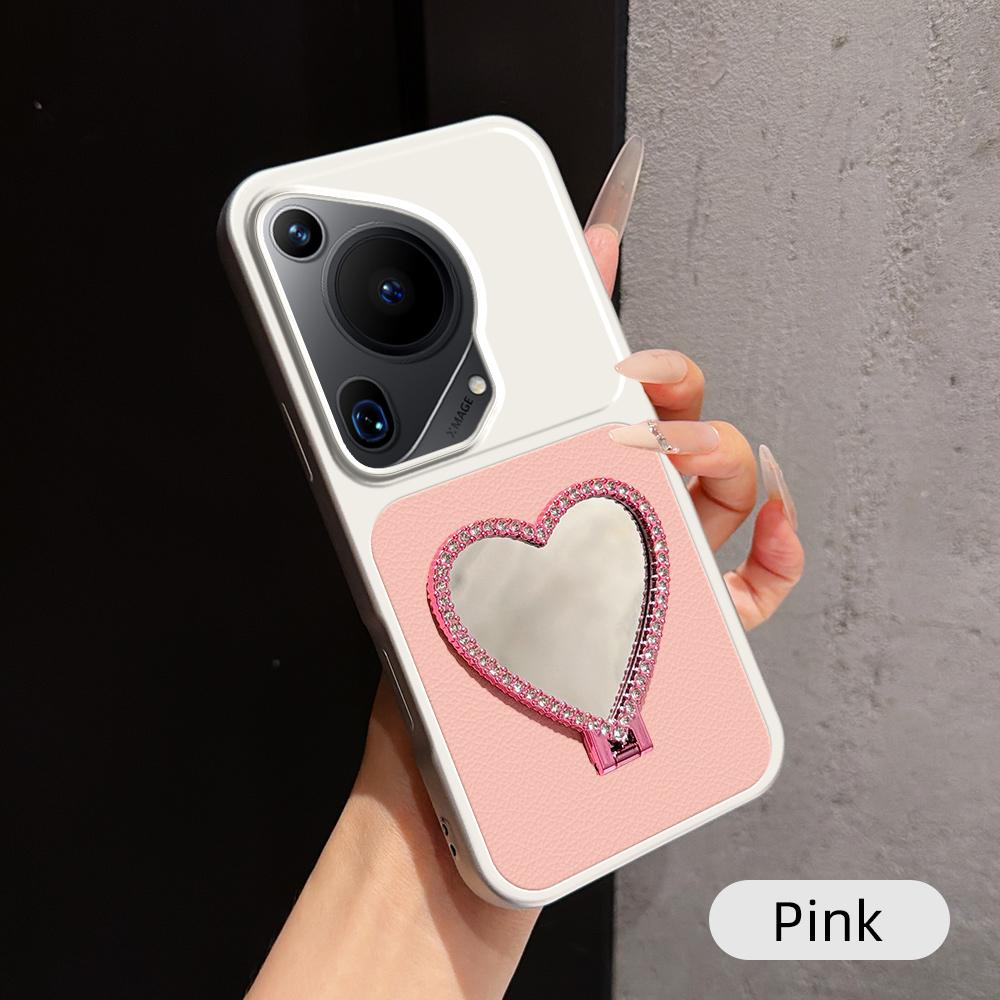 For Huawei Pura 70 Ultra Lambskin Series Skin Feel Shockproof Phone Case with Heart Mirror Holder(Pink) - Shopkiz.com
