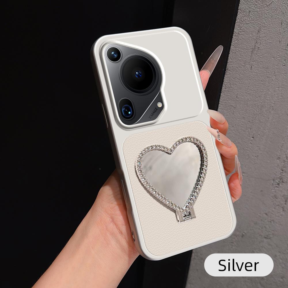 For Huawei Pura 70 Ultra Lambskin Series Skin Feel Shockproof Phone Case with Heart Mirror Holder(Silver) - Shopkiz.com