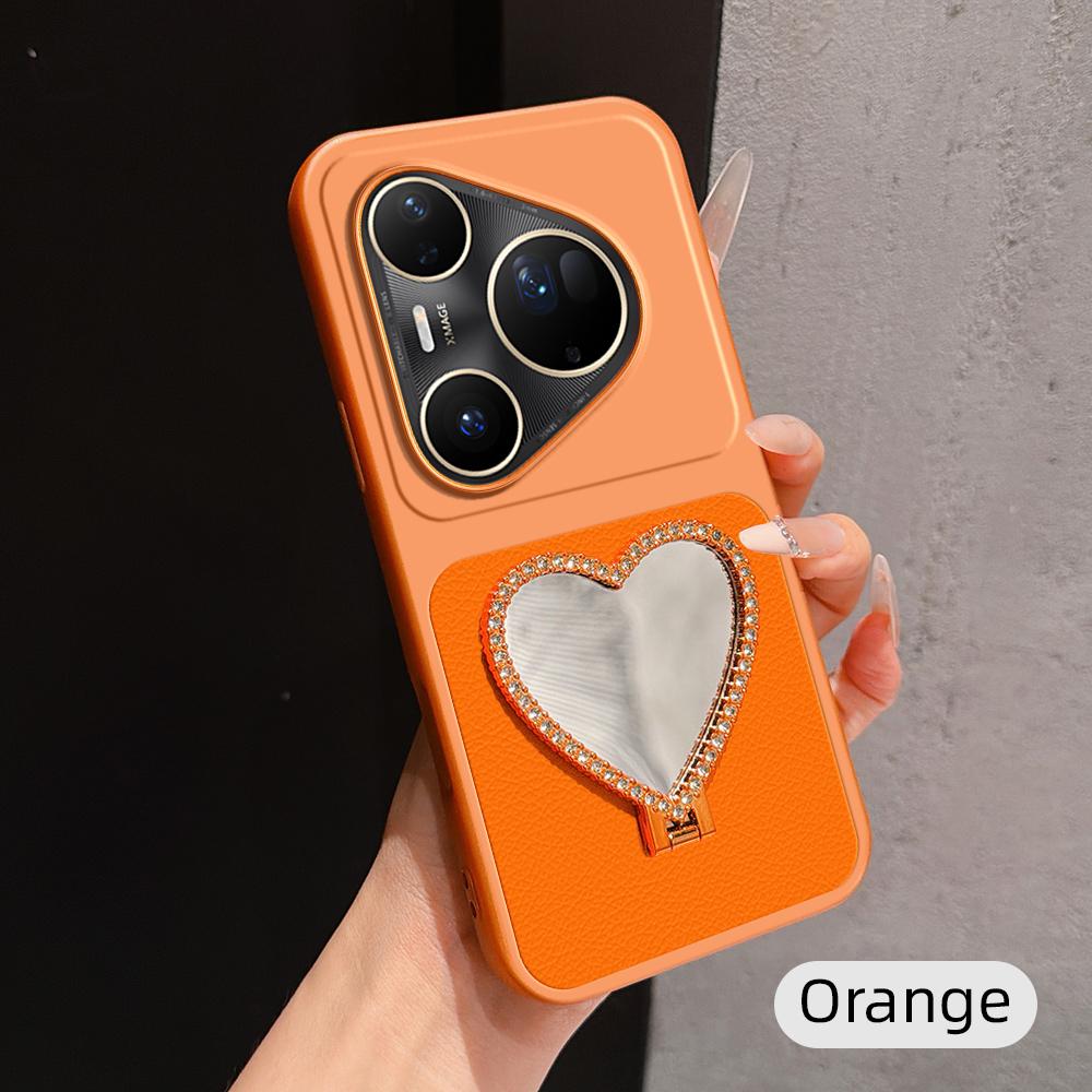 For Huawei Pura 80 Ultra 5G Lambskin Series Skin Feel Shockproof Phone Case with Heart Mirror Holder(Orange) - Shopkiz.com