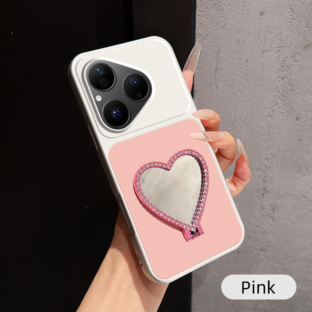For Huawei Pura 80 5G Lambskin Series Skin Feel Shockproof Phone Case with Heart Mirror Holder(Pink) - Shopkiz.com