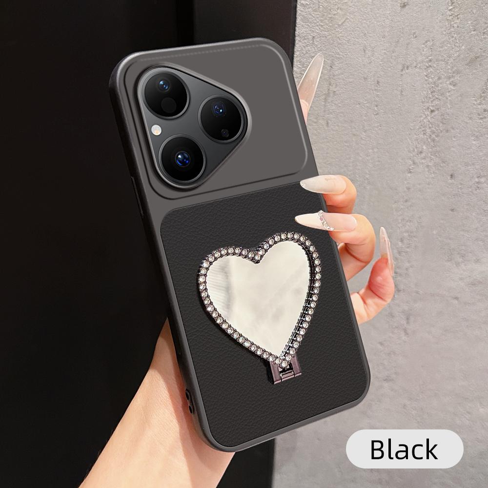 For Huawei Pura 80 5G Lambskin Series Skin Feel Shockproof Phone Case with Heart Mirror Holder(Black) - Shopkiz.com
