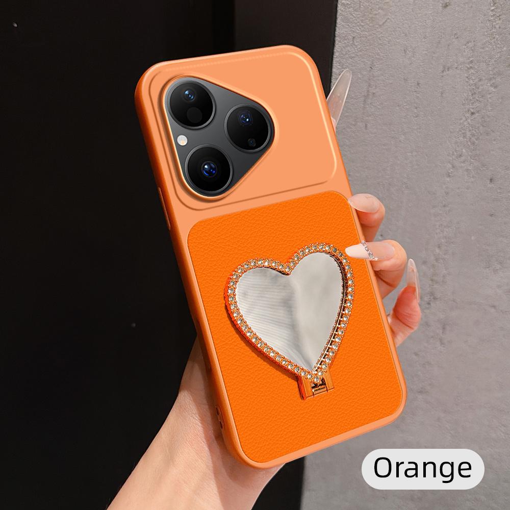 For Huawei Pura 80 5G Lambskin Series Skin Feel Shockproof Phone Case with Heart Mirror Holder(Orange) - Shopkiz.com
