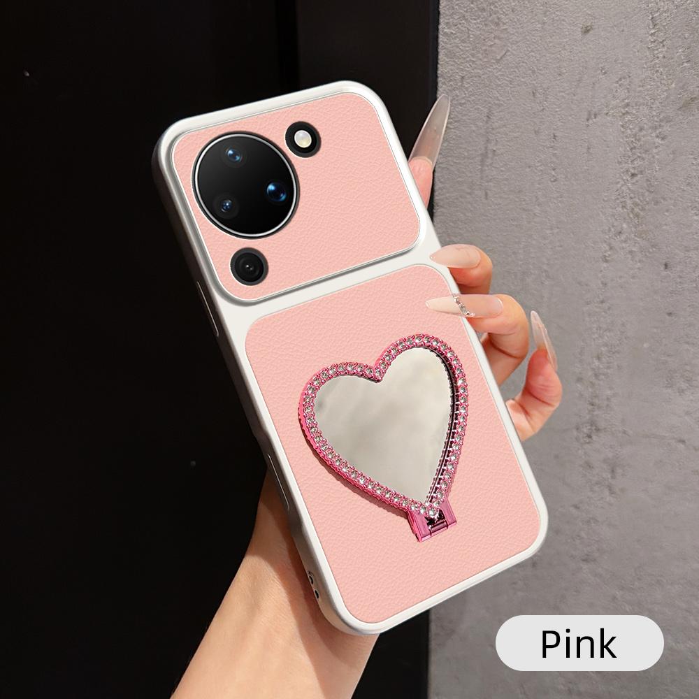 For Huawei Pura 90 5G Lambskin Series Skin Feel Shockproof Phone Case with Heart Mirror Holder(Pink) - Shopkiz.com