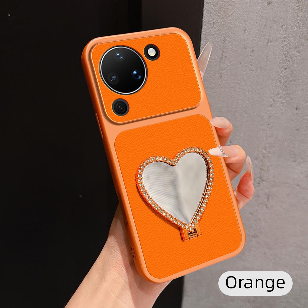 For Huawei Pura 90 5G Lambskin Series Skin Feel Shockproof Phone Case with Heart Mirror Holder(Orange) - Shopkiz.com