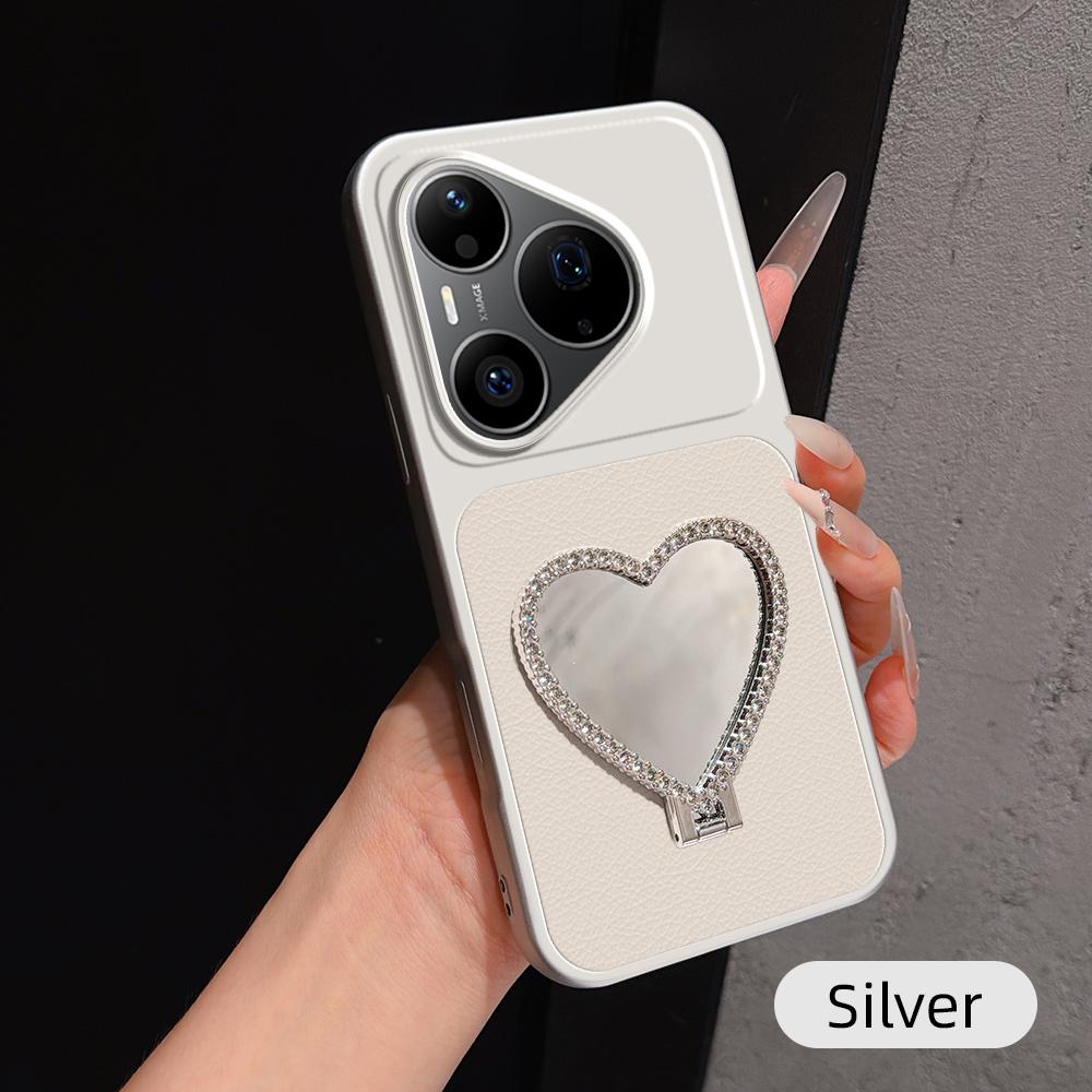 For Huawei Pura 90 Pro 5G Lambskin Series Skin Feel Shockproof Phone Case with Heart Mirror Holder(Silver) - Shopkiz.com