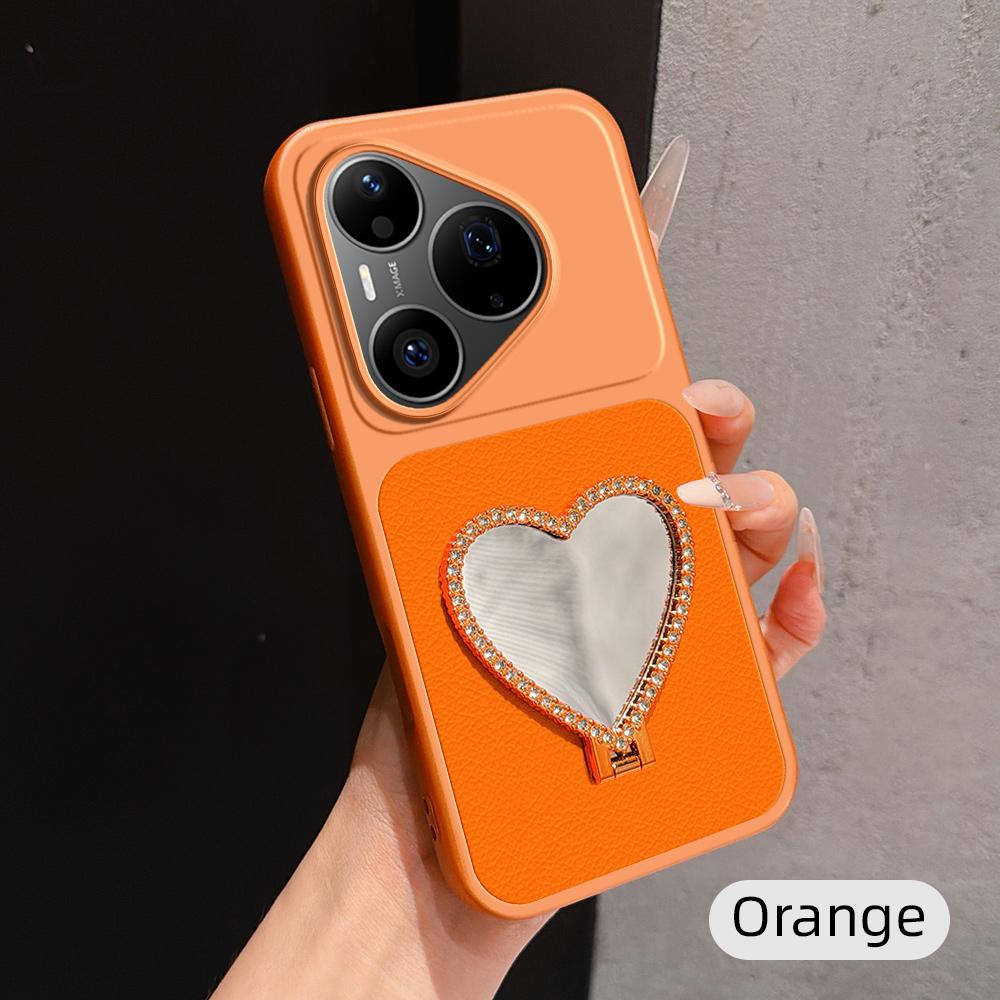 For Huawei Pura 90 Pro 5G Lambskin Series Skin Feel Shockproof Phone Case with Heart Mirror Holder(Orange) - Shopkiz.com