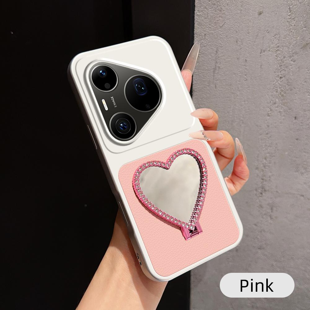 For Huawei Pura 90 Pro Max 5G Lambskin Series Skin Feel Shockproof Phone Case with Heart Mirror Holder(Pink) - Shopkiz.com