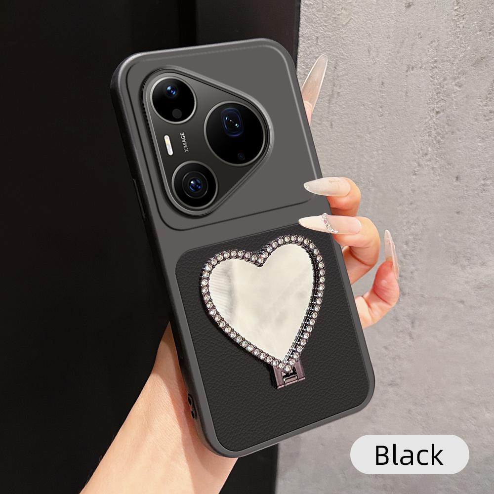 For Huawei Pura 90 Pro Max 5G Lambskin Series Skin Feel Shockproof Phone Case with Heart Mirror Holder(Black) - Shopkiz.com