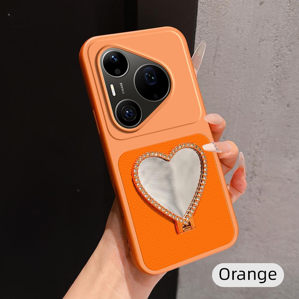 For Huawei Pura 90 Pro Max 5G Lambskin Series Skin Feel Shockproof Phone Case with Heart Mirror Holder(Orange) - Shopkiz.com