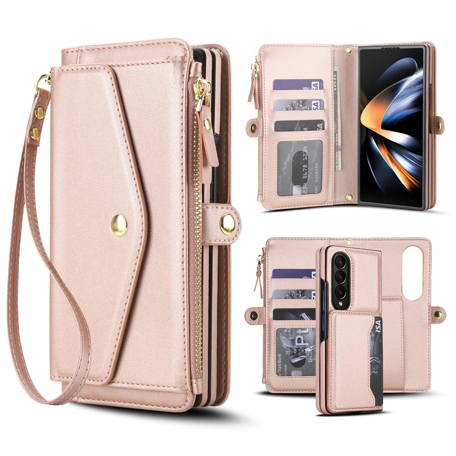 For Galaxy Z Fold3 5G Multifunctional Wallet Detachable Leather Phone Case with Lanyard(Rose Gold) - Shopkiz.com