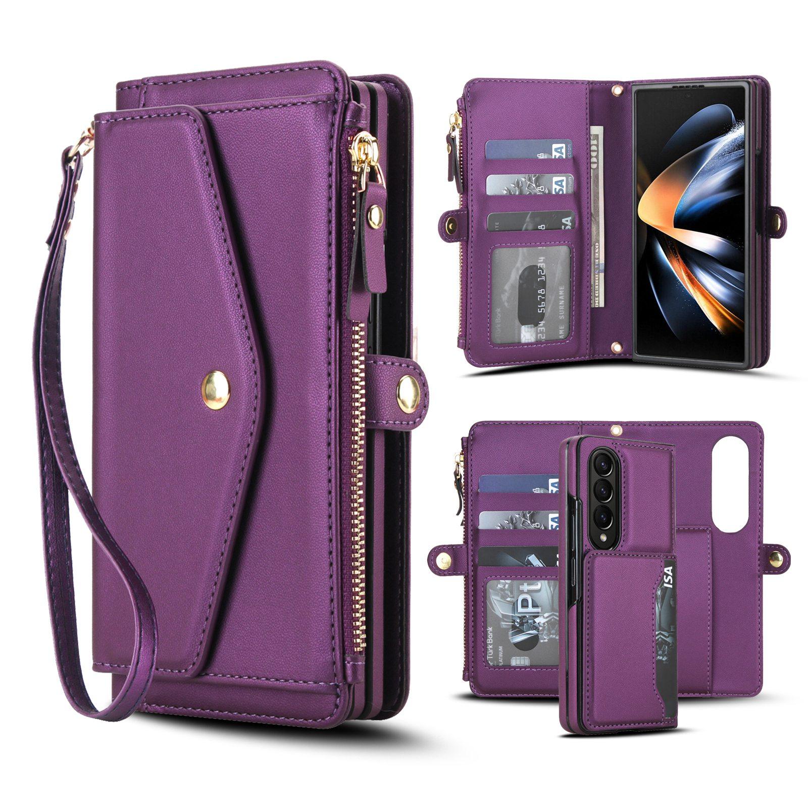 For Galaxy Z Fold4 5G Multifunctional Wallet Detachable Leather Phone Case with Lanyard(Dark Purple) - Shopkiz.com