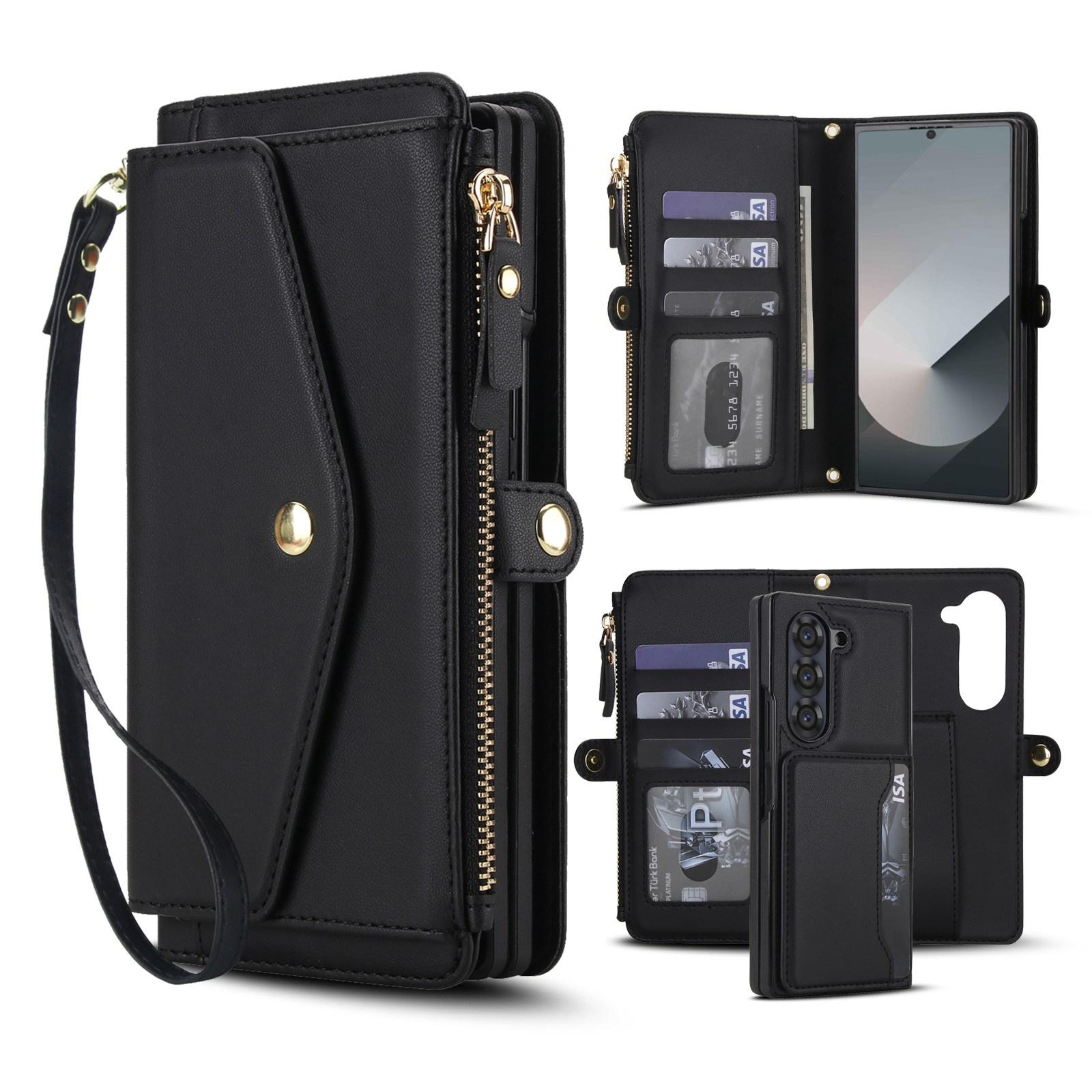 For Galaxy Z Fold5 5G Multifunctional Wallet Detachable Leather Phone Case with Lanyard(Black) - Shopkiz.com