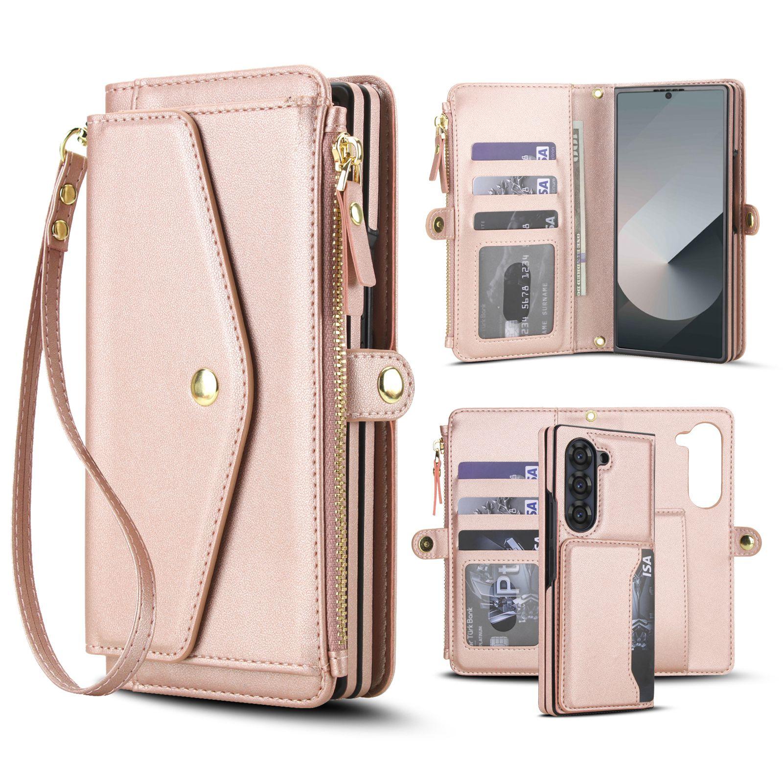 For Galaxy Z Fold5 5G Multifunctional Wallet Detachable Leather Phone Case with Lanyard(Rose Gold) - Shopkiz.com