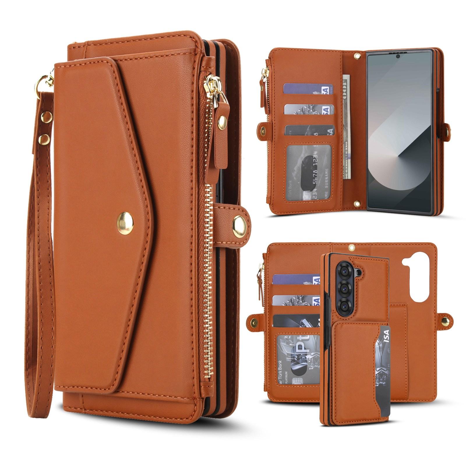 For Galaxy Z Fold5 5G Multifunctional Wallet Detachable Leather Phone Case with Lanyard(Brown) - Shopkiz.com