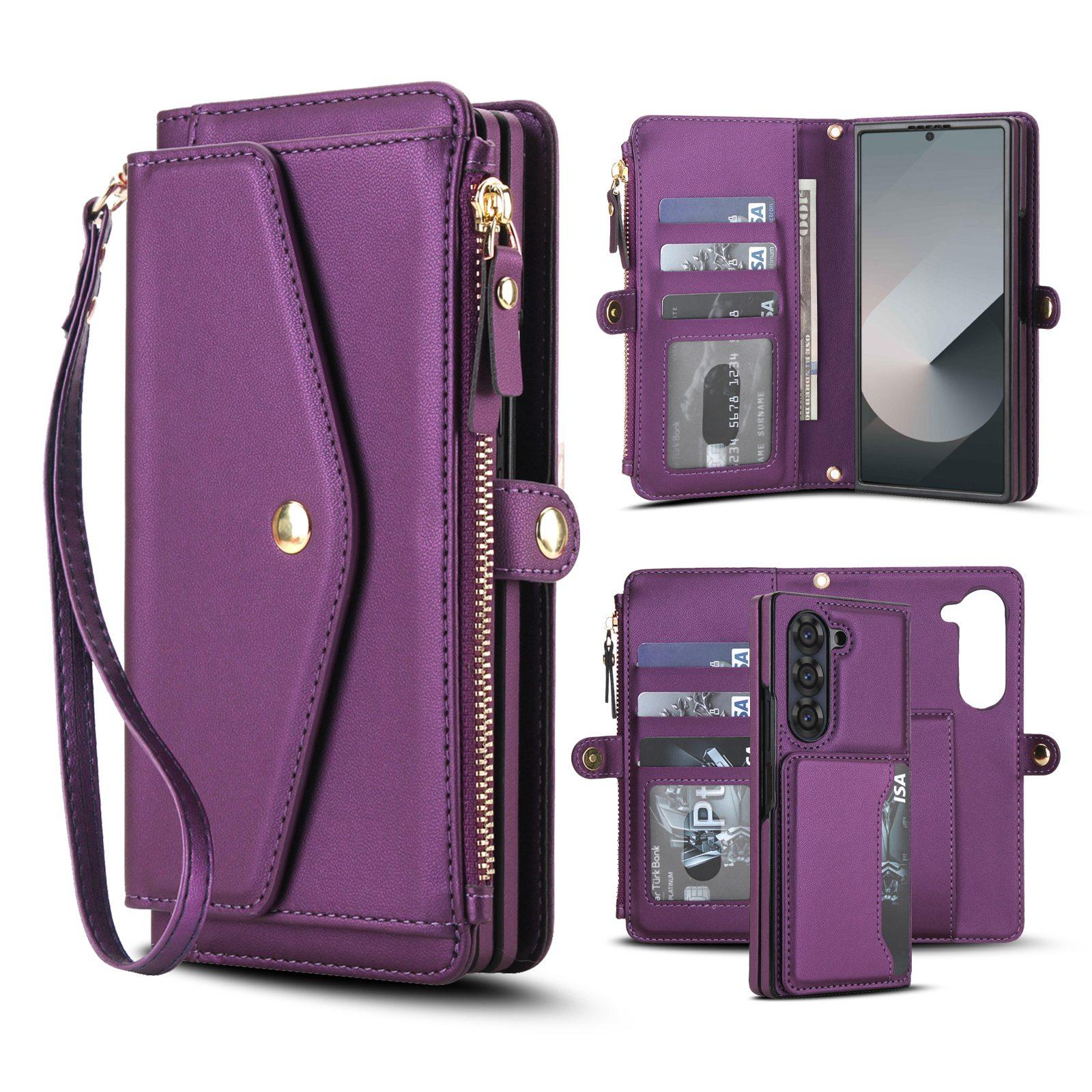 For Galaxy Z Fold6 5G Multifunctional Wallet Detachable Leather Phone Case with Lanyard(Dark Purple) - Shopkiz.com
