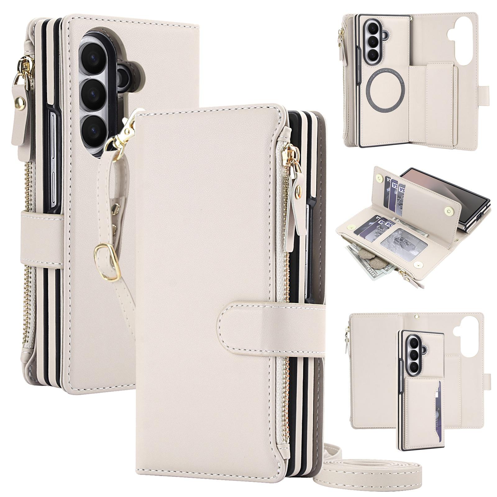For Galaxy Z Fold7 5G KLT-033 Detachable 2 in 1 Zipper Wallet Magnetic Phone Case with Lanyard(Apricot) - Shopkiz.com
