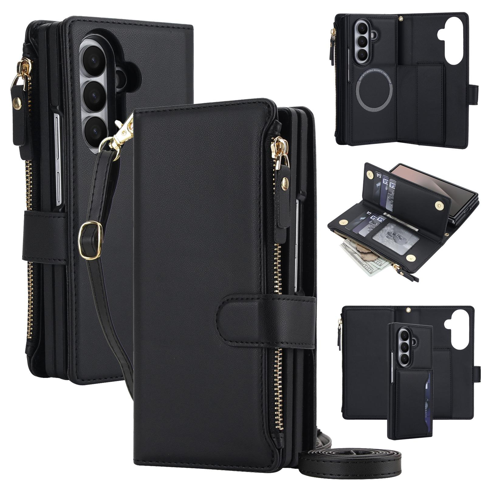 For Galaxy Z Fold7 5G KLT-033 Detachable 2 in 1 Zipper Wallet Magnetic Phone Case with Lanyard(Black) - Shopkiz.com