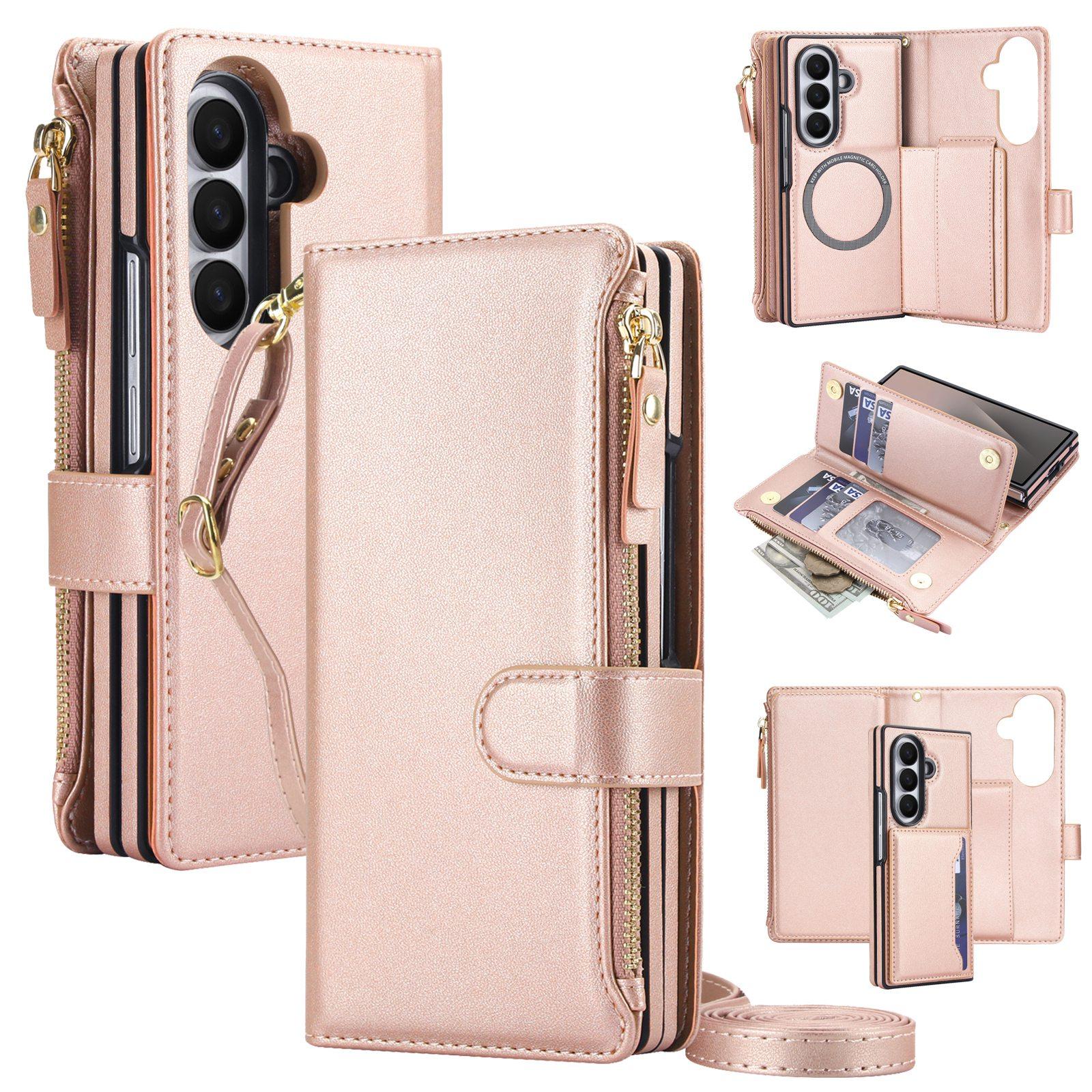 For Galaxy Z Fold7 5G KLT-033 Detachable 2 in 1 Zipper Wallet Magnetic Phone Case with Lanyard(Rose Gold) - Shopkiz.com