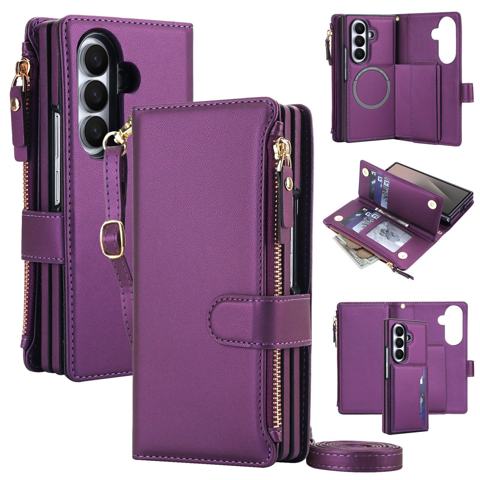For Galaxy Z Fold7 5G KLT-033 Detachable 2 in 1 Zipper Wallet Magnetic Phone Case with Lanyard(Purple) - Shopkiz.com