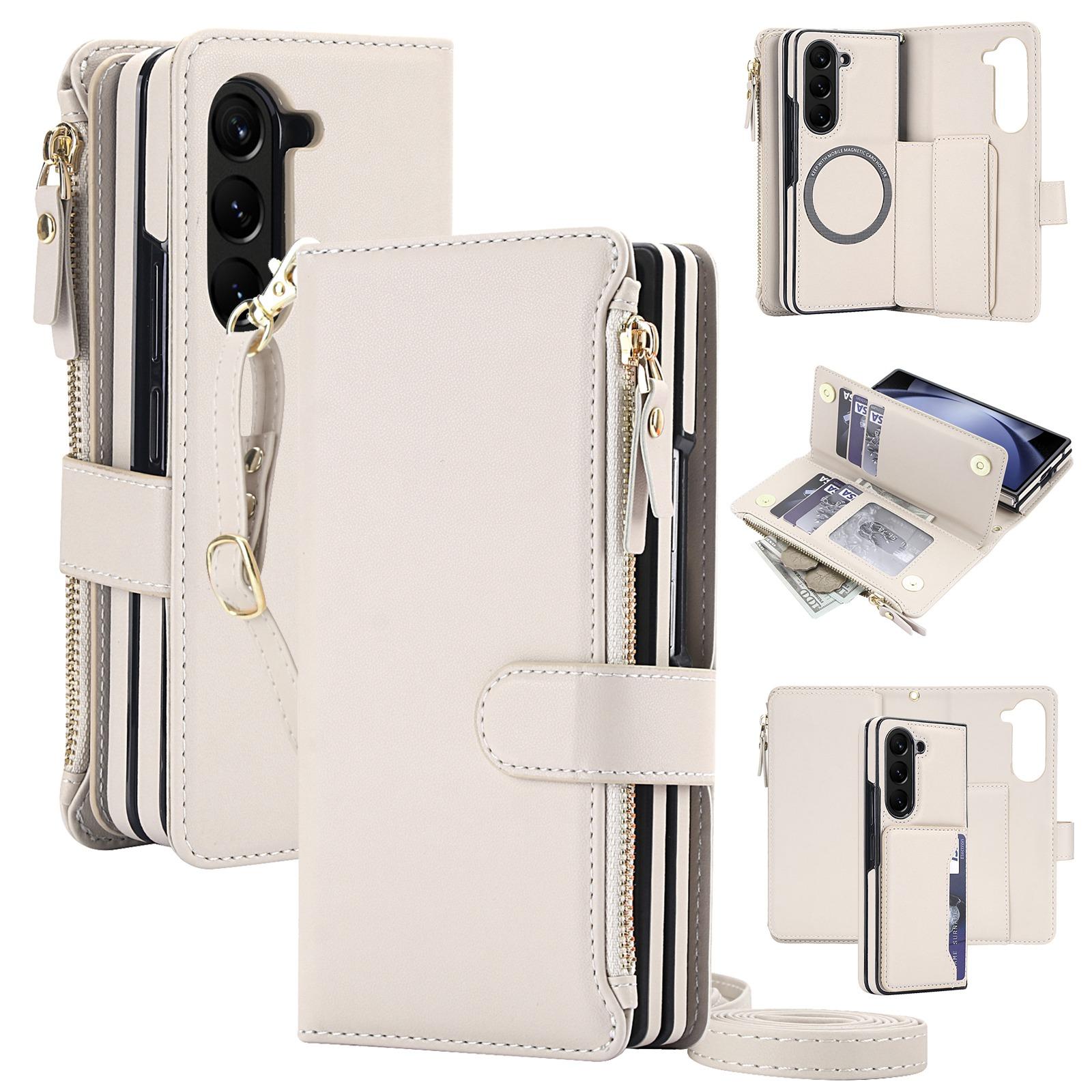 For Galaxy Z Fold6 5G KLT-033 Detachable 2 in 1 Zipper Wallet Magnetic Phone Case with Lanyard(Apricot) - Shopkiz.com