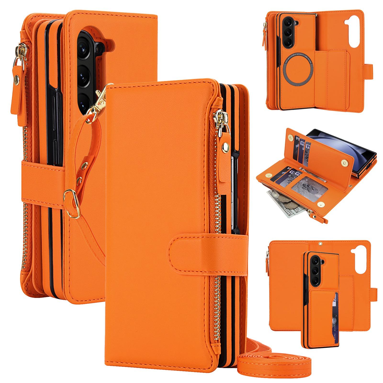 For Galaxy Z Fold6 5G KLT-033 Detachable 2 in 1 Zipper Wallet Magnetic Phone Case with Lanyard(Orange) - Shopkiz.com
