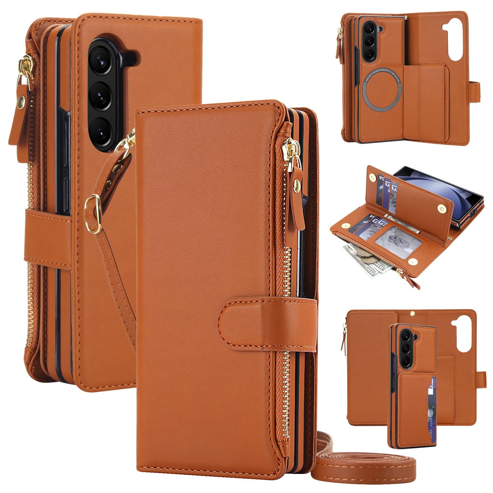 For Galaxy Z Fold6 5G KLT-033 Detachable 2 in 1 Zipper Wallet Magnetic Phone Case with Lanyard(Brown) - Shopkiz.com